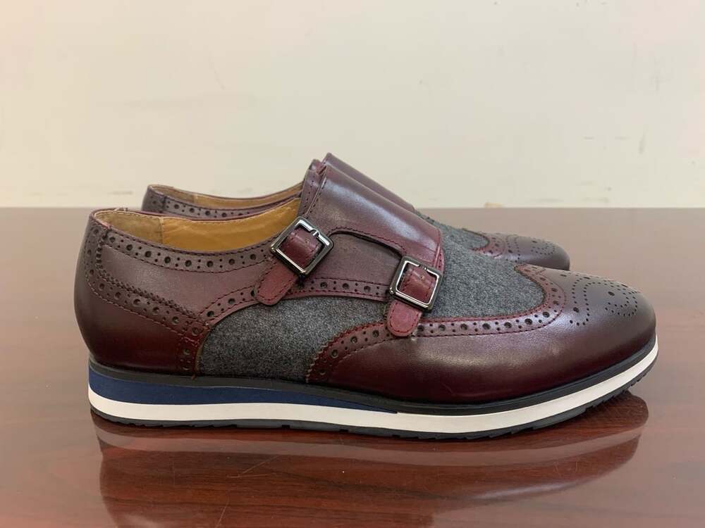Marc Nolan Palmer Wingtip Double Monk Strap Burgundy Leather Casual Sneakers
